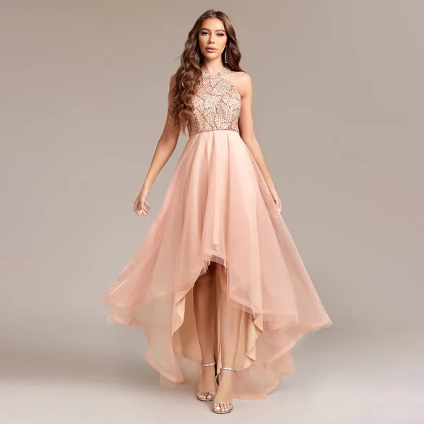 Bling Bling Gold Sequins Asymmetrical Prom Dresses 2024 A-Line / Princess Scoop Neck Sleeveless Prom Formal Dresses