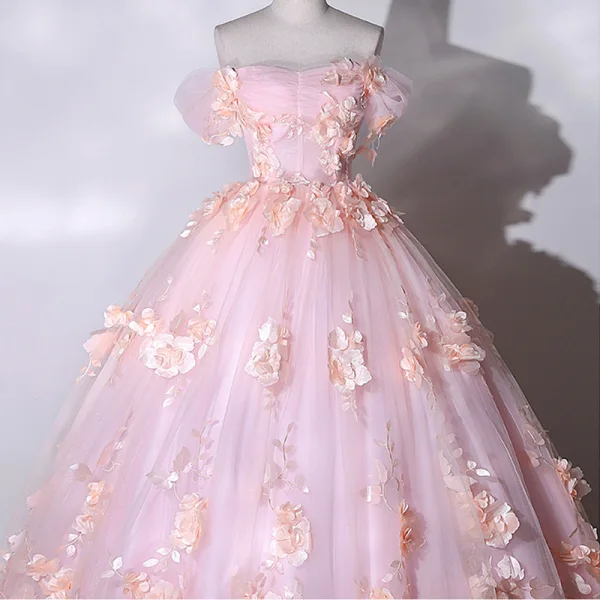 Flower Fairy Blushing Pink Appliques Prom Dresses 2023 Ball Gown Off-The-Shoulder Outdoor / Garden Short Sleeve Backless Floor-Length / Long Prom Formal Dresses
