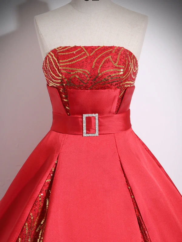 Elegant Red Sequins Satin Prom Dresses 2024 Ball Gown Strapless Sleeveless Backless Floor-Length / Long Prom Formal Dresses