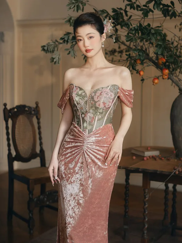 Sexy Rougissant Rose Perlage Glitter Paillettes Robe De Soirée 2025 Trompette / Sirène De l'épaule Sans Manches Dos Nu Train De Balayage Soirée Robe De Ceremonie