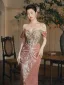 Sexy Rougissant Rose Perlage Glitter Paillettes Robe De Soirée 2025 Trompette / Sirène De l'épaule Sans Manches Dos Nu Train De Balayage Soirée Robe De Ceremonie