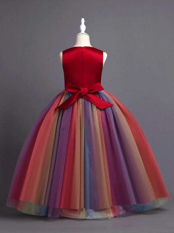 Chic / Beautiful Burgundy Appliques Pearl Lace Flower Birthday Flower Girl Dresses 2024 Ball Gown Scoop Neck Sleeveless Bow Sash Floor-Length / Long