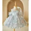 Chic / Beautiful Sky Blue Appliques Sequins Short Birthday Flower Girl Dresses 2024 Ball Gown Scoop Neck Short Sleeve