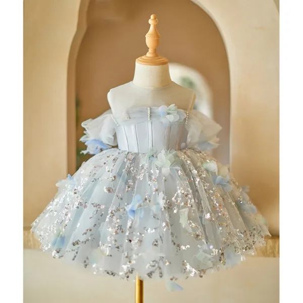 Bling Bling Sky Blue Sequins Appliques Short Birthday Flower Girl Dresses 2024 Ball Gown Off-The-Shoulder Short Sleeve Tulle