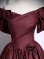 Vintage / Retro Burgundy Satin Prom Dresses 2025 Ball Gown Off-The-Shoulder Short Sleeve Backless Floor-Length / Long Formal Dresses