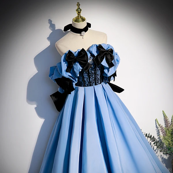 Elegant Pool Blue Satin Prom Dresses 2022 A-Line / Princess Strapless Sleeveless Backless Bow Pearl Sequins Floor-Length / Long Formal Dresses