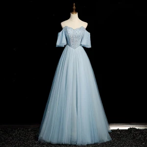 Modest Simple Sky Blue Beading Sequins Prom Dresses 2023 A Line Princess Strapless Short Sleeve Backless Floor Length Long Formal Dresses