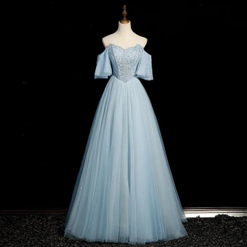 Simple Bleu Ciel Perlage Paillettes Robe De Bal 2023 Princesse Bustier Manches Courtes Dos Nu Longue Robe De Ceremonie