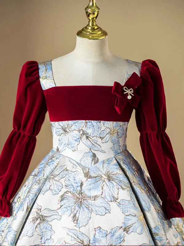 Chic / Beautiful Burgundy Printing Birthday Flower Girl Dresses 2025 Ball Gown Square Neckline Long Sleeve Backless Floor-Length / Long