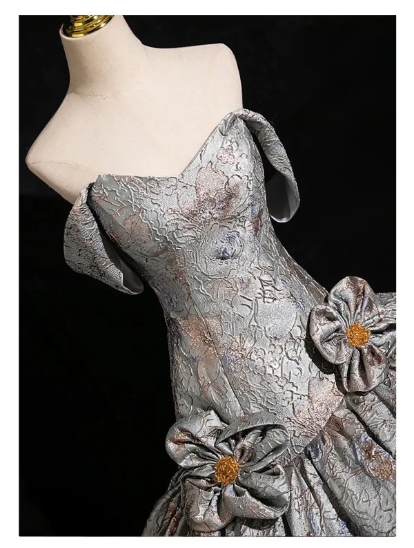 Vintage / Retro Grey Printing Prom Dresses 2024 Ball Gown Strapless Sleeveless Backless Floor-Length / Long Prom Formal Dresses