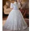 Sparkly White Rhinestone Sequins Birthday Flower Girl Dresses 2026 Ball Gown U-Neck Short Sleeve Backless Floor-Length / Long