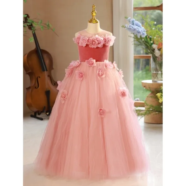 Blumenfee Rosa Applikationen Blumenmädchenkleider 2024 Ballkleid Rundhalsausschnitt Ärmellos Rückenfreies Lange Hochzeit