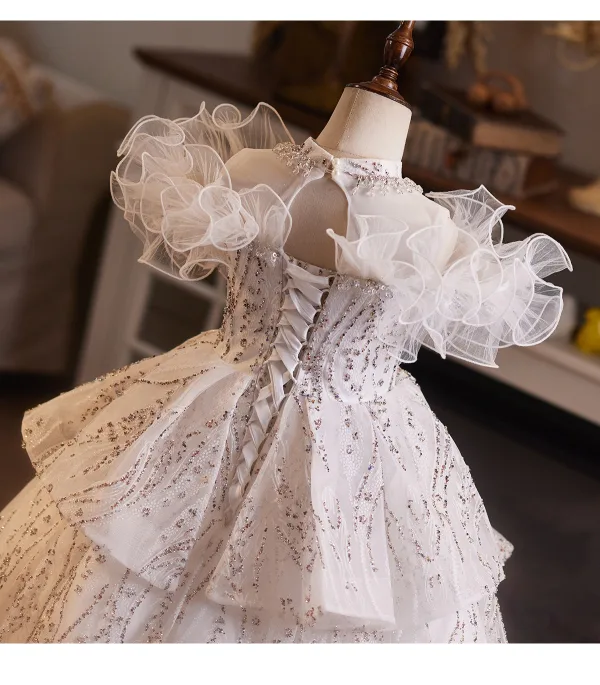 Bling Bling Champagne Beading Pearl Rhinestone Birthday Flower Girl Dresses 2025 Ball Gown Off-The-Shoulder Short Sleeve Backless Floor-Length / Long