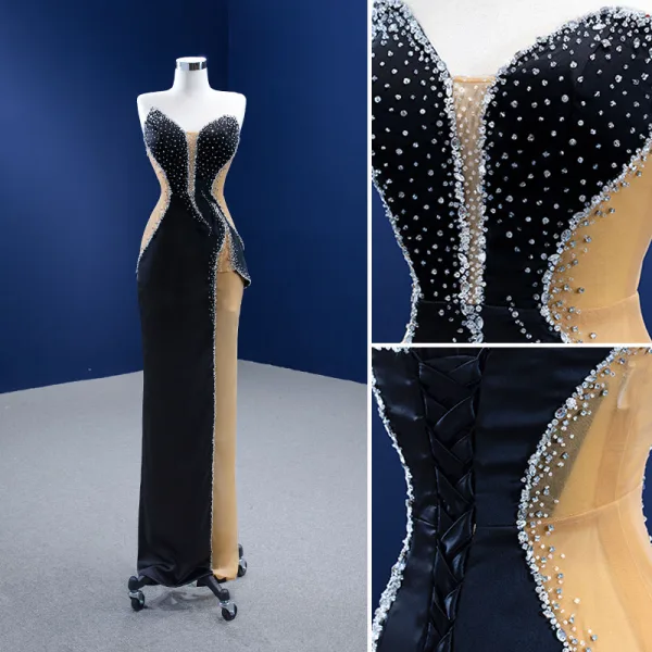 Haut de Gamme Noire Perlage Paillettes Robe De Soirée 2022 Trompette / Sirène Bustier Sans Manches Dos Nu Longue Soirée Robe De Ceremonie