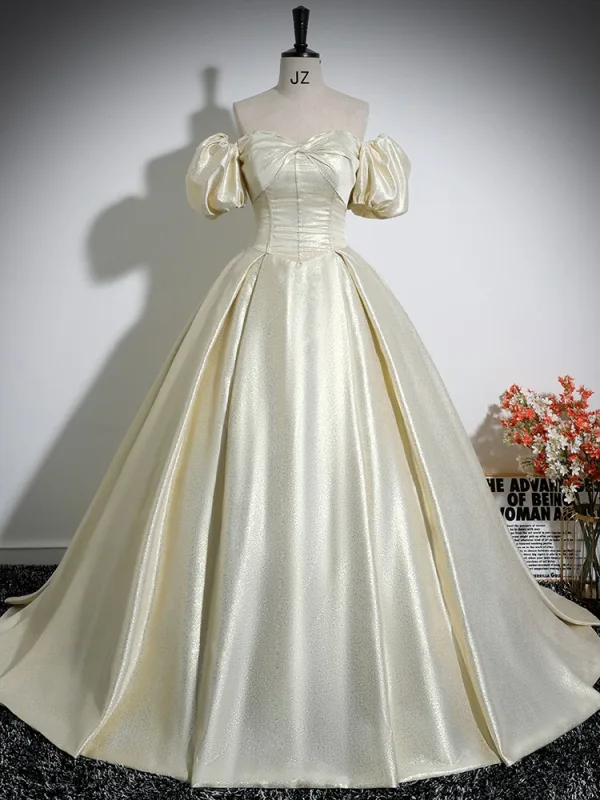Elegant Champagne Satin Prom Dresses 2024 Ball Gown Off-The-Shoulder Short Sleeve Backless Floor-Length / Long Prom Formal Dresses