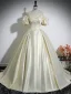 Elegant Champagne Satin Prom Dresses 2024 Ball Gown Off-The-Shoulder Short Sleeve Backless Floor-Length / Long Prom Formal Dresses
