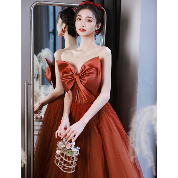 Audrey Hepburn Style Red Bow Strapless Prom Dresses 2022 A-Line / Princess Sleeveless Backless Floor-Length / Long Prom Formal Dresses