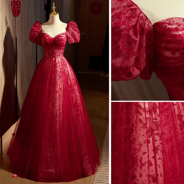 Chic / Belle Bordeaux Paillettes Robe De Bal 2022 Princesse Encolure Carrée Gonflée Manches Courtes Dos Nu Noeud Longue Promo Robe De Ceremonie