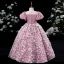 Chic / Belle Rougissant Rose En Dentelle Fleur Appliques Promo Robe Ceremonie Fille 2022 Robe Boule Encolure Dégagée Gonflée Manches Courtes Ceinture Noeud Longue Robe Ceremonie Fille