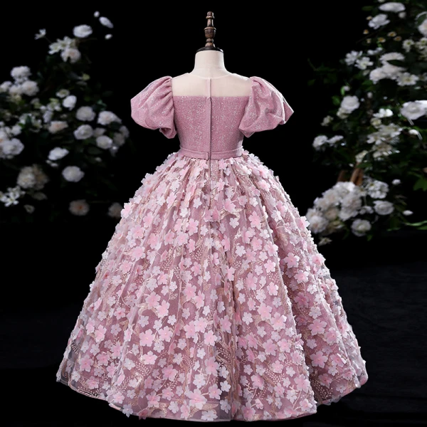 Lovely Candy Pink Glitter Lace Flower Appliques Flower Girl Dresses 2024 Ball Gown Birthday Scoop Neck Puffy Short Sleeve Floor-Length / Long