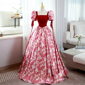 Élégant Rouge Impression Robe De Bal 2022 Encolure Carrée Gonflée Manches Courtes Dos Nu Longue Promo Robe De Ceremonie