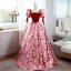Elegant Red Printing Prom Dresses 2022 Square Neckline Puffy Short Sleeve Backless Floor-Length / Long Prom Formal Dresses