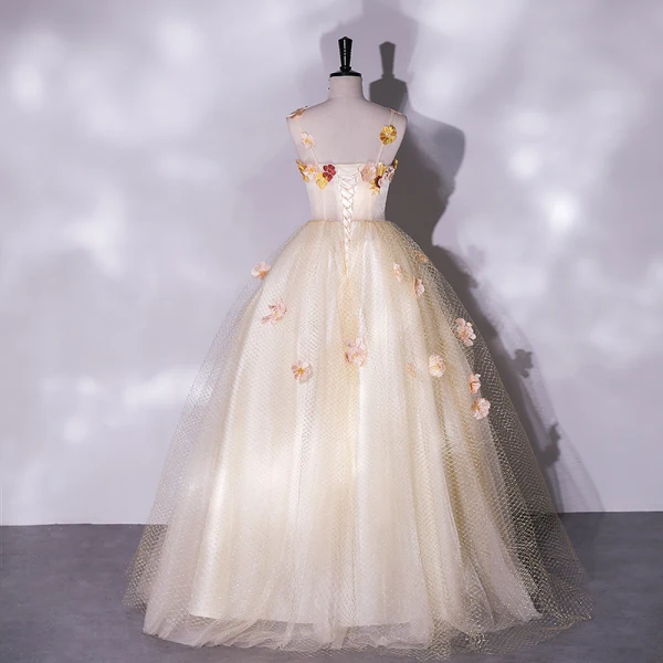 Flower Fairy Champagne Lace Flower Appliques Prom Dresses 2022 A-Line / Princess Spaghetti Straps Sleeveless Backless Floor-Length / Long Prom Formal Dresses