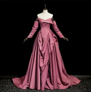 Mote Fuchsia Satin Ballkjoler 2025 Ballkjole Strapless 3 4 Ermer Ryggløse Feie Tog Formelle Kjoler
