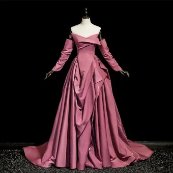 Fashion Fuchsia Satin Prom Dresses 2025 Ball Gown Strapless 3 4 Sleeve Backless Sweep Train Formal Dresses