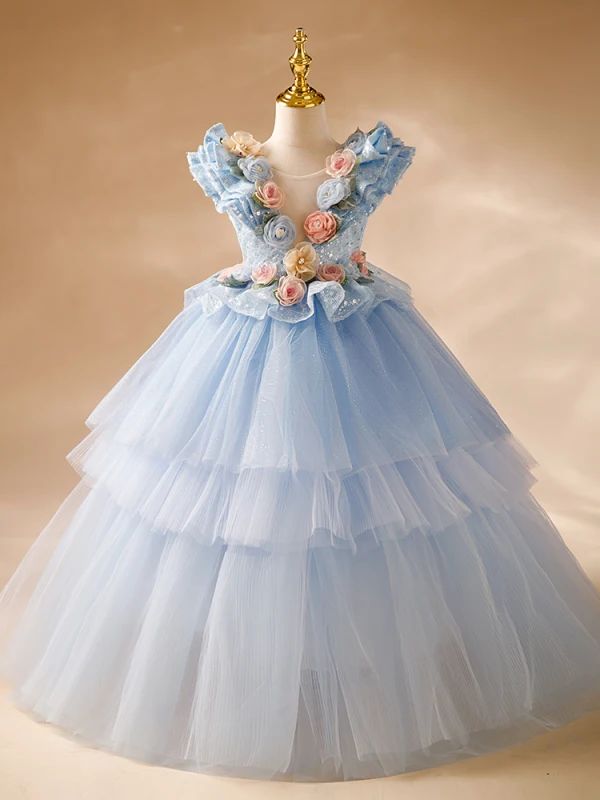 Chic / Beautiful Sky Blue Appliques Sequins Birthday Cascading Ruffles Flower Girl Dresses 2024 Ball Gown Scoop Neck Sleeveless Backless Floor-Length / Long