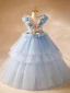 Chic / Beautiful Sky Blue Appliques Sequins Birthday Cascading Ruffles Flower Girl Dresses 2024 Ball Gown Scoop Neck Sleeveless Backless Floor-Length / Long