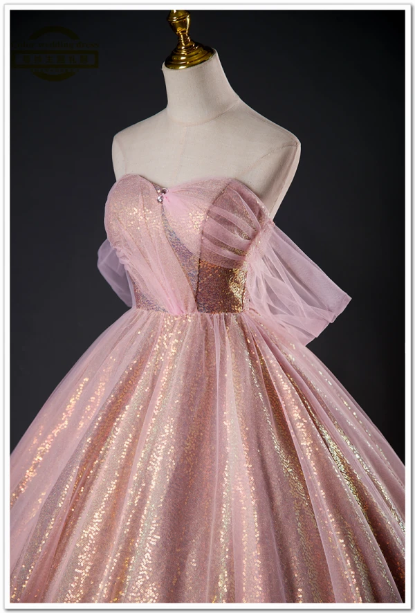 Chic / Beautiful Blushing Pink Glitter Sequins Prom Dresses 2023 Ball Gown Strapless Sleeveless Backless Floor-Length / Long Prom Formal Dresses