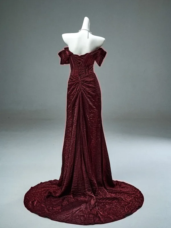 Haut de Gamme Charmant Bordeaux Trompette / Sirène Robe De Ceremonie 2025 De l'épaule Manches Courtes Dos Nu Train De Balayage Robe De Soirée