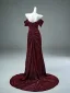 Haut de Gamme Charmant Bordeaux Trompette / Sirène Robe De Ceremonie 2025 De l'épaule Manches Courtes Dos Nu Train De Balayage Robe De Soirée