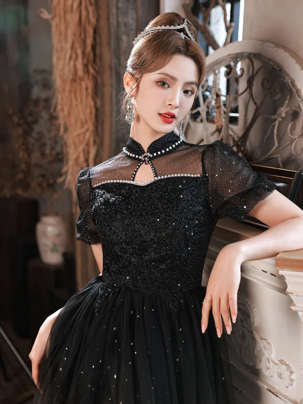 Chic / Belle Noire Perlage Perle Paillettes Robe De Soirée 2023 Princesse Col Haut Manches Courtes Longue Soirée Robe De Ceremonie
