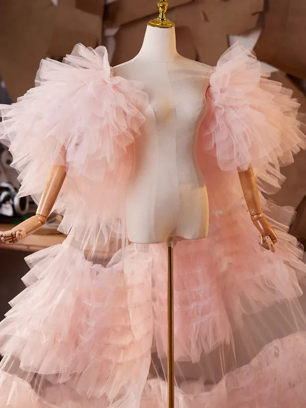 Mode Rougissant Rose Volants en Cascade Manches Courtes Promo châle 2025 Tulle