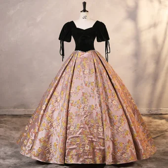 Vintage Originale Noire Brodé Satin Robe De Bal 2023 Robe Boule Encolure Carrée Manches Courtes Dos Nu Longue Promo Robe De Ceremonie
