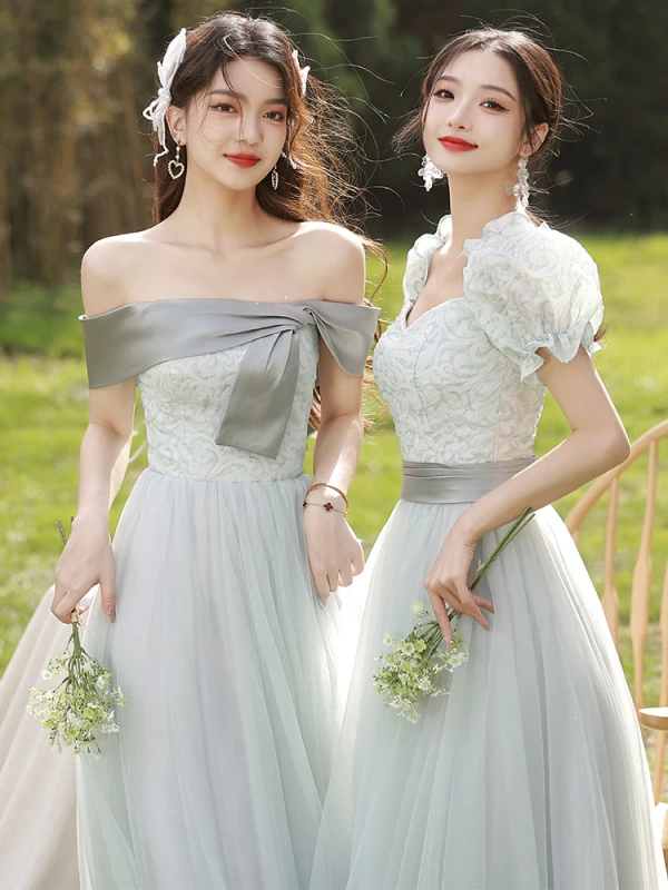 Enkla Grå Prinsessa Tärnklänningar 2024 Korta ärm Halterneck Långa