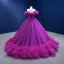 Chic / Beautiful Purple Ruffle Formal Dresses 2022 Ball Gown Off-The-Shoulder Puffy Short Sleeve Beading Backless Sweep Train Prom Dresses