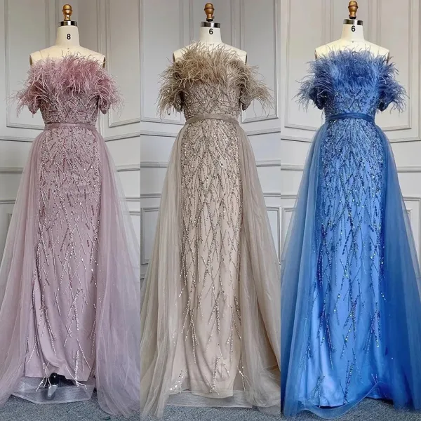 High End Meeresblau Handgefertigt Perlenstickerei Pailletten Gespaltete Front Ballkleider 2024 Meerjungfrau Bandeau Kurze Ärmel Rückenfreies Lange Ball Festliche Kleider