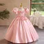 Lovely Blushing Pink Appliques Birthday Flower Girl Dresses 2024 Ball Gown Square Neckline Puffy Short Sleeve Backless Floor-Length / Long Flower Girl Dresses