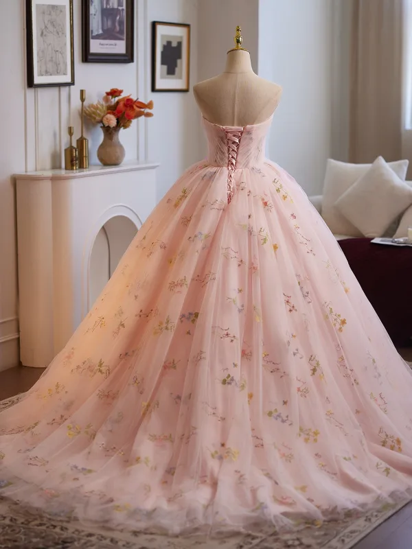 Flower Fairy Blushing Pink Appliques Prom Dresses 2025 Ball Gown Strapless Sleeveless Backless Sweep Train Formal Dresses