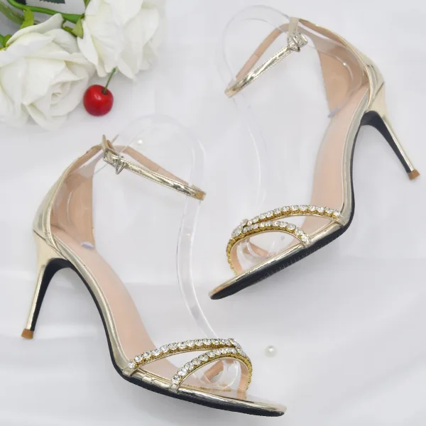 Sexy Gold Rhinestone Evening Party Womens Sandals 2022 Leather Ankle Strap 8 cm Stiletto Heels Open / Peep Toe Sandals High Heels