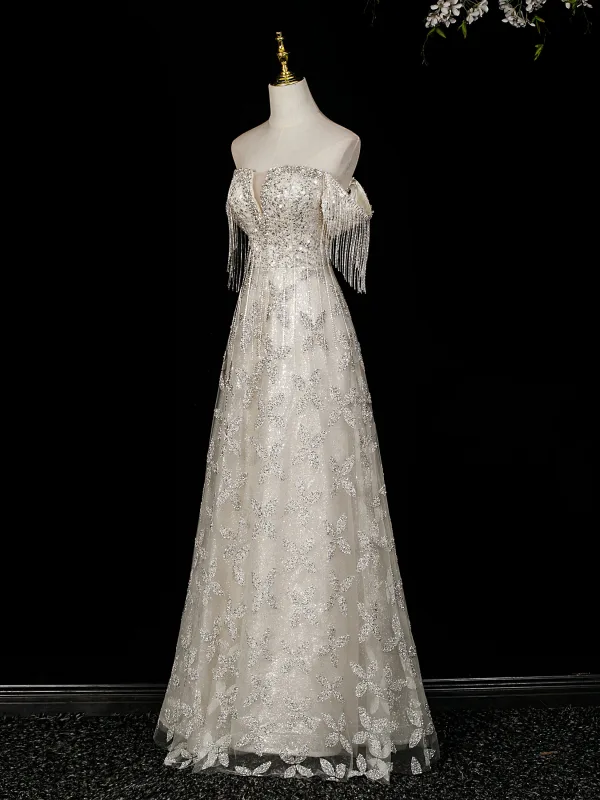 Scintillantes Argenté Perlage Paillettes Robe De Soirée 2026 Princesse De l'épaule Sans Manches Dos Nu Longue Robe De Ceremonie