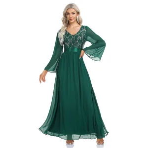 Chic Belle Vert Foncé Paillettes Robe De Soirée 2023 Princesse V Cou Manches Longues Chiffon Ceinture Longue Soirée Robe De Ceremonie