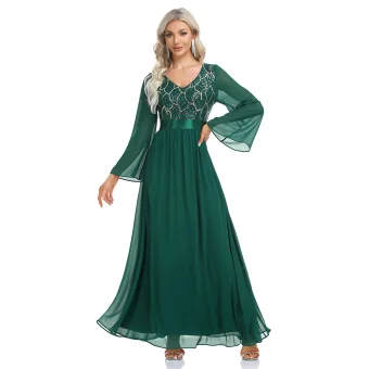 Chic Belle Vert Foncé Paillettes Robe De Soirée 2023 Princesse V Cou Manches Longues Chiffon Ceinture Longue Soirée Robe De Ceremonie