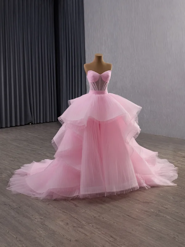 High-end Sukkertøyrosa Håndlaget Beading Gripende Ruffles Ballkjoler 2025 Ballkjole Kjæreste Langermede Ryggløse Cathedral Train Formelle Kjoler