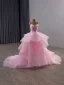 High-end Sukkertøyrosa Håndlaget Beading Gripende Ruffles Ballkjoler 2025 Ballkjole Kjæreste Langermede Ryggløse Cathedral Train Formelle Kjoler