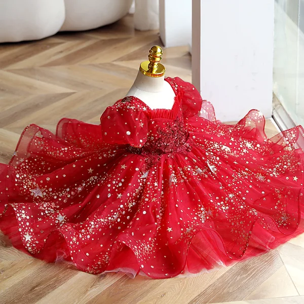 Chic / Beautiful Red Beading Star Sequins Lace Flower Birthday Flower Girl Dresses 2023 Ball Gown Square Neckline Short Sleeve Backless Floor-Length / Long Flower Girl Dresses