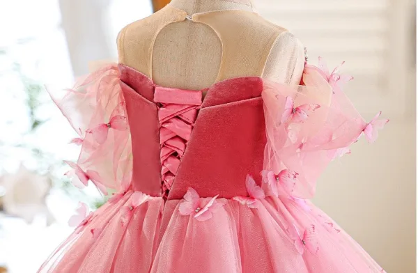 Chic / Beautiful Blushing Pink Butterfly Appliques Birthday Flower Girl Dresses 2025 Ball Gown Scoop Neck Short Sleeve Backless Floor-Length / Long